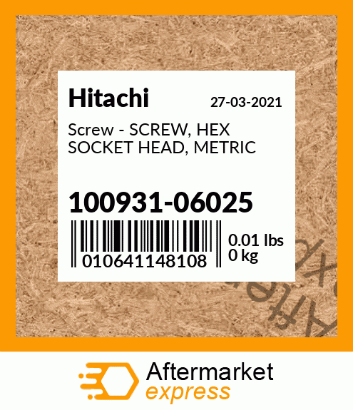 Screw - SCREW, HEX SOCKET HEAD, METRIC 100931-06025