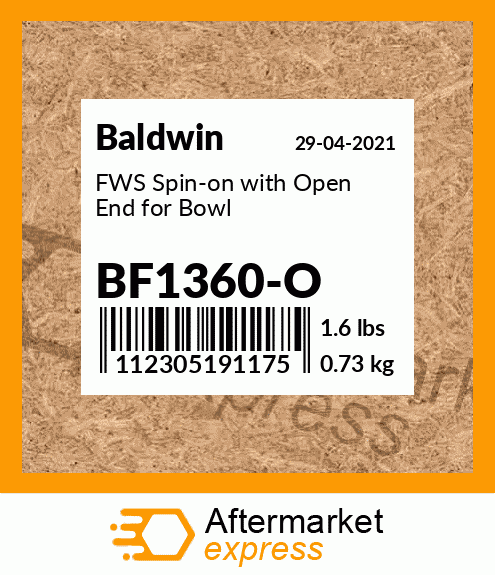 Spare part BF1360-O + FWS Spin-on with Open End for Bowl