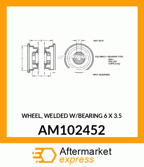 WHEEL, WELDED W/BEARING 6 X 3.5 AM102452