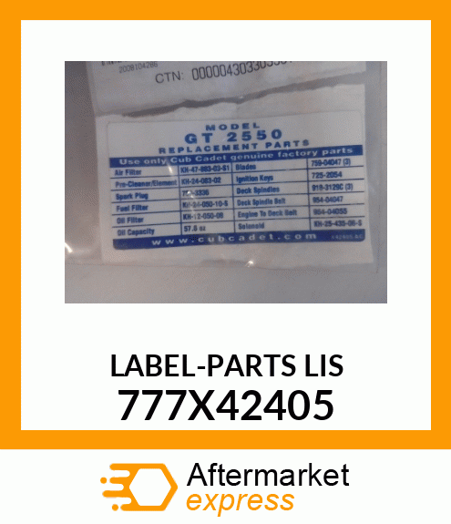 LABEL-PARTS LIS 777X42405