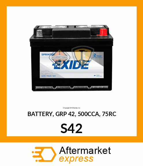 BATTERY, GRP 42, 500CCA, 75RC S42