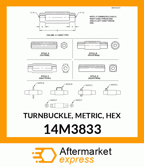 TURNBUCKLE, METRIC, HEX 14M3833