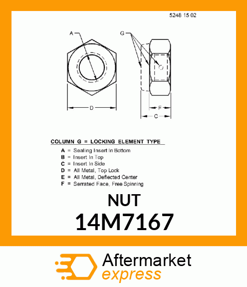 NUT, METRIC, HEX PREVAILING TORQUE 14M7167