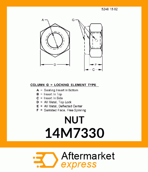 NUT, METRIC, HEX PREVAILING TORQUE 14M7330