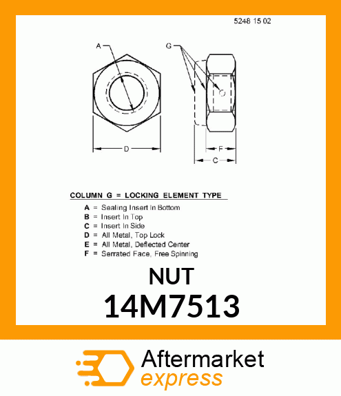 NUT, METRIC, HEX PREVAILING TORQUE 14M7513