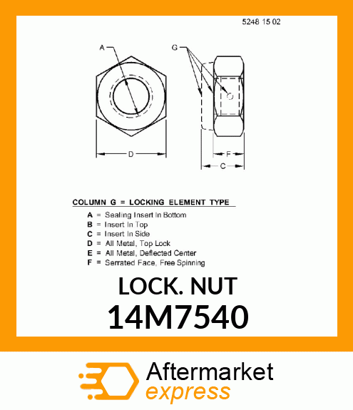 NUT, METRIC, HEX PREVAILING TORQUE 14M7540