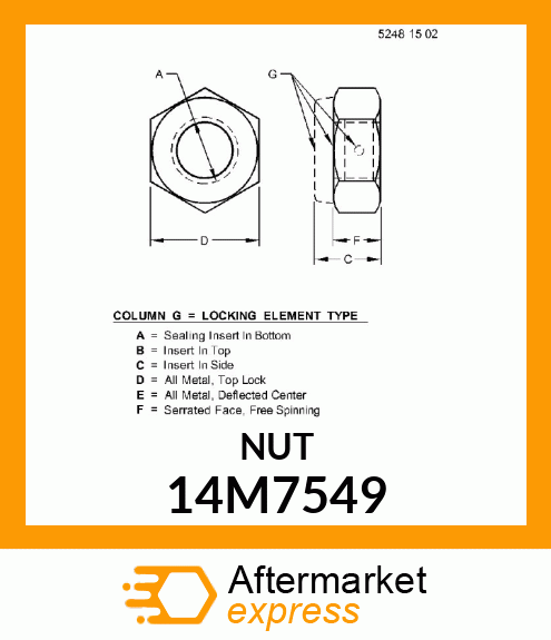 NUT, METRIC, HEX PREVAILING TORQUE 14M7549