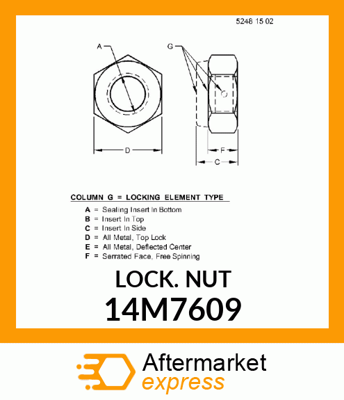 NUT, METRIC, HEX PREVAILING TORQUE 14M7609