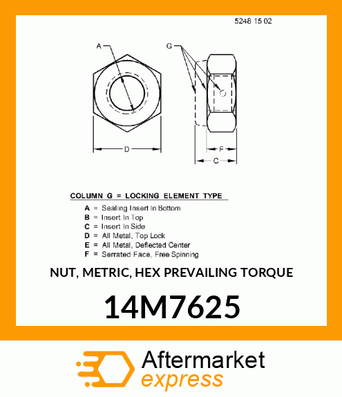 NUT, METRIC, HEX PREVAILING TORQUE 14M7625