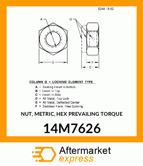 NUT, METRIC, HEX PREVAILING TORQUE 14M7626