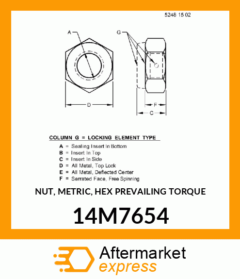 NUT, METRIC, HEX PREVAILING TORQUE 14M7654