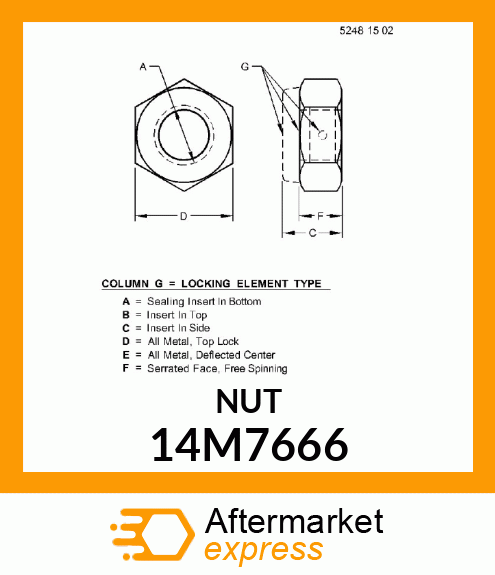 NUT, METRIC, HEX PREVAILING TORQUE 14M7666