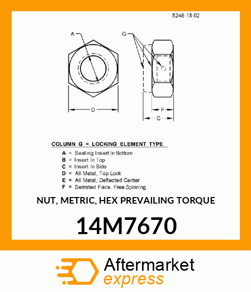 NUT, METRIC, HEX PREVAILING TORQUE 14M7670