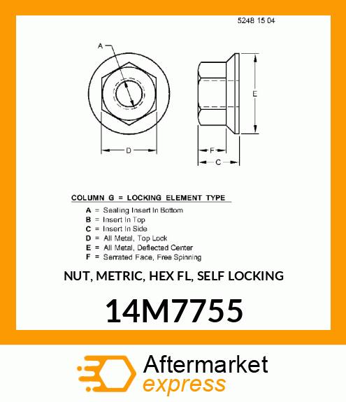 NUT, METRIC, HEX FL, SELF LOCKING 14M7755