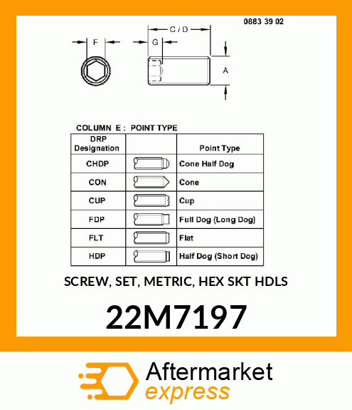 SCREW, SET, METRIC, HEX SKT HDLS 22M7197