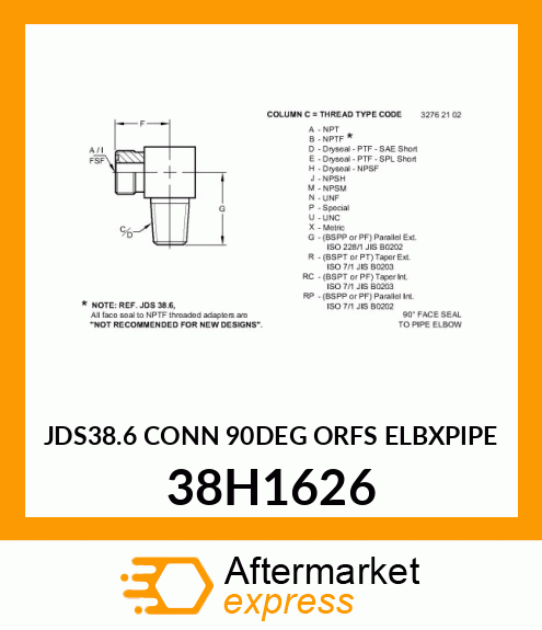 JDS38.6 CONN 90DEG ORFS ELBXPIPE 38H1626