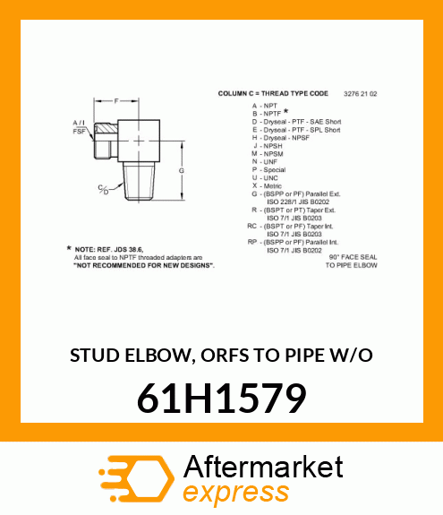 STUD ELBOW, ORFS TO PIPE W/O 61H1579