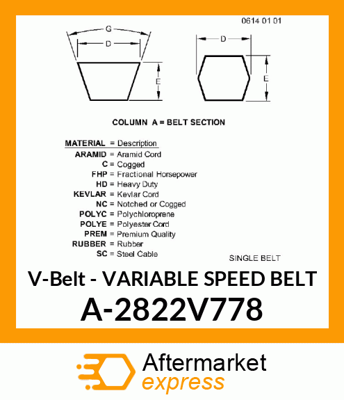 V-Belt - VARIABLE SPEED BELT A-2822V778