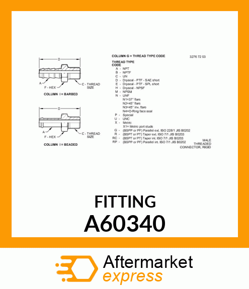 BARBED FITTING, 1/2" NPT X 3/8" A60340