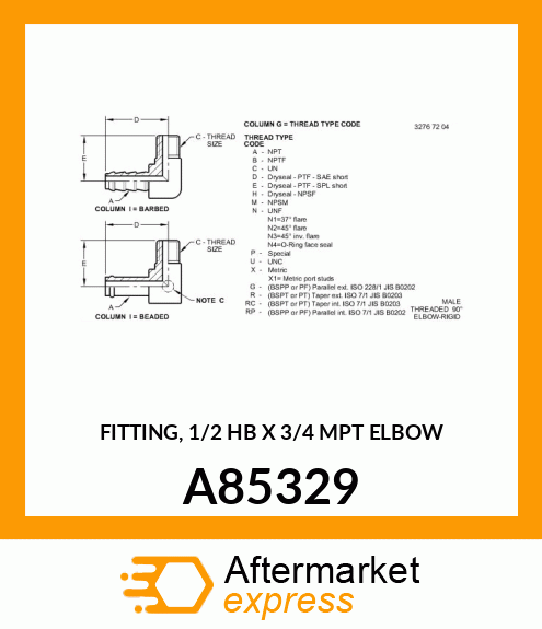 FITTING, 1/2 HB X 3/4 MPT ELBOW A85329