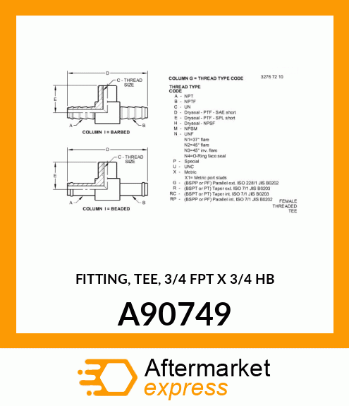 FITTING, TEE, 3/4 FPT X 3/4 HB A90749