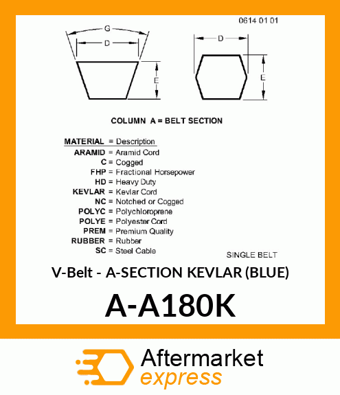 V-Belt - A-SECTION KEVLAR (BLUE) A-A180K