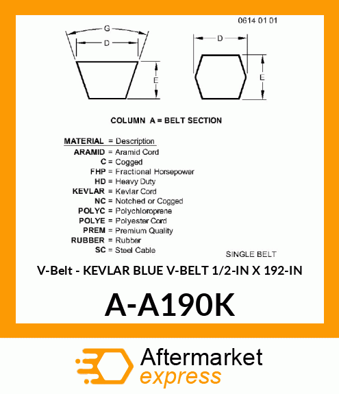 V-Belt - KEVLAR BLUE V-BELT 1/2-IN X 192-IN A-A190K
