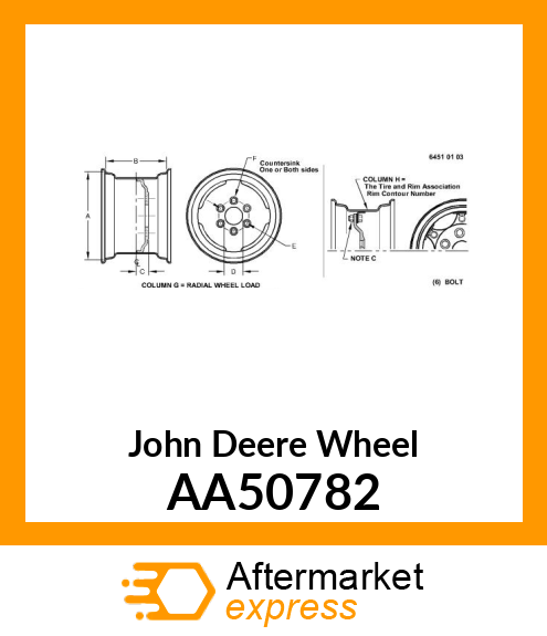 Spare part AA50782 + WHEEL, 15X8 6 BOLT W/VALVE GUARD