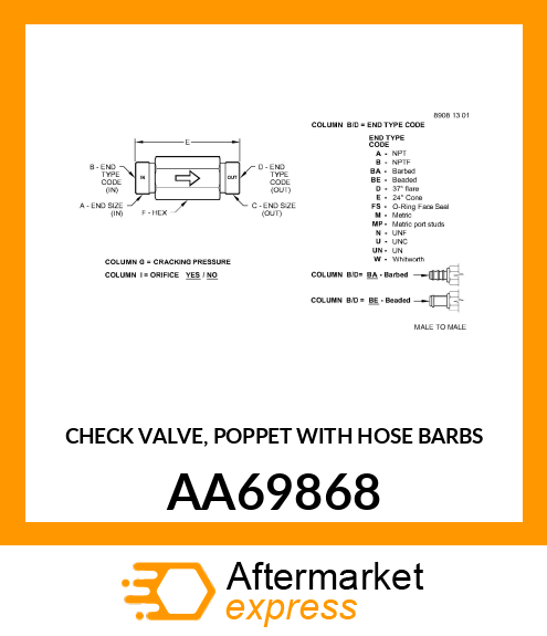 CHECK VALVE, POPPET WITH HOSE BARBS AA69868