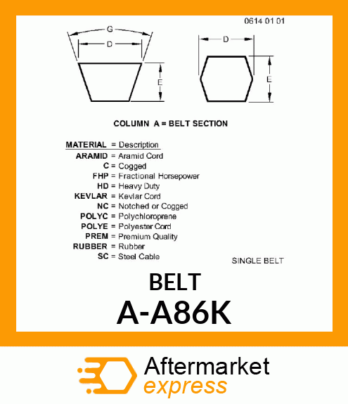 V-Belt - A-SECTION KEVLAR (BLUE) A-A86K