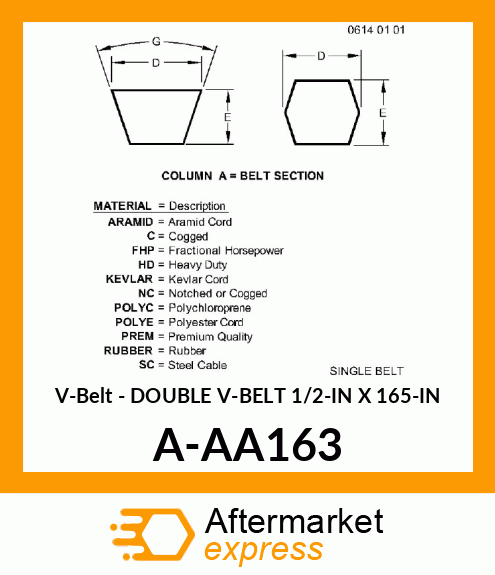 V-Belt - DOUBLE V-BELT 1/2-IN X 165-IN A-AA163