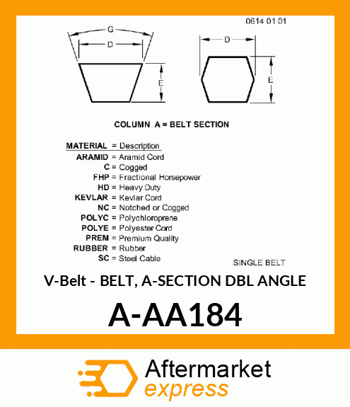 V-Belt - BELT, A-SECTION DBL ANGLE A-AA184