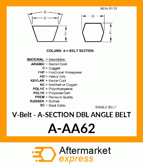 V-Belt - A-SECTION DBL ANGLE BELT A-AA62