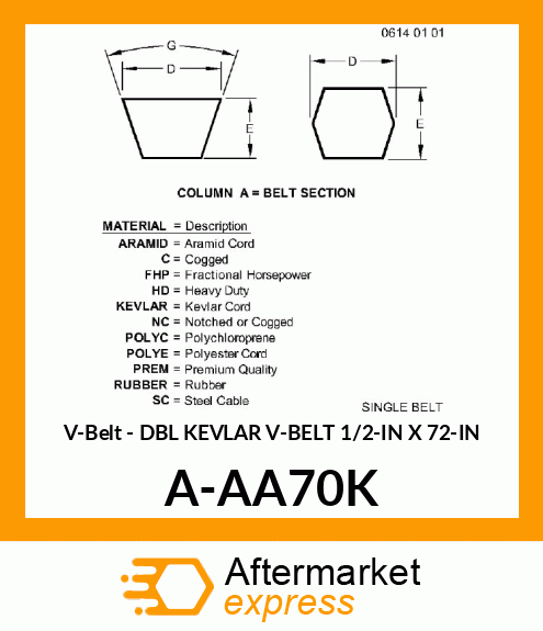 V-Belt - DBL KEVLAR V-BELT 1/2-IN X 72-IN A-AA70K