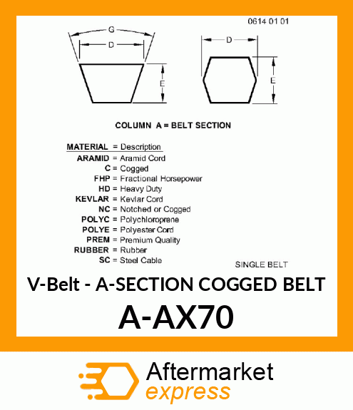 V-Belt - A-SECTION COGGED BELT A-AX70