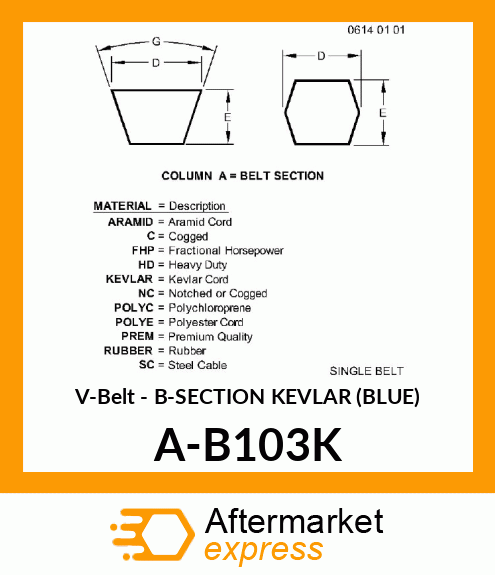 V-Belt - B-SECTION KEVLAR (BLUE) A-B103K