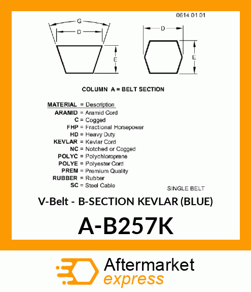 V-Belt - B-SECTION KEVLAR (BLUE) A-B257K