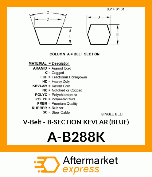 V-Belt - B-SECTION KEVLAR (BLUE) A-B288K