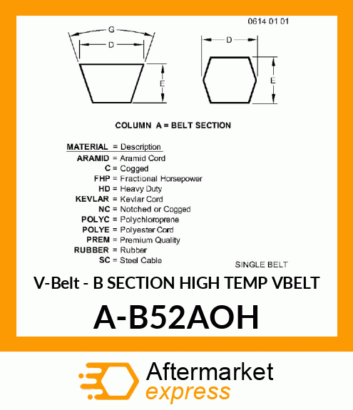 V-Belt - B SECTION HIGH TEMP VBELT A-B52AOH