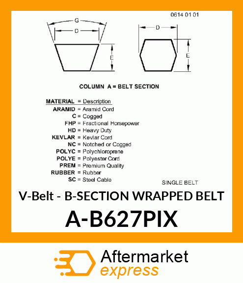 V-Belt - B-SECTION WRAPPED BELT A-B627PIX