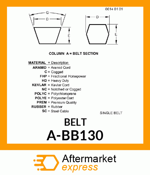 V-Belt - B-SECTION DBL ANGLE BELT A-BB130