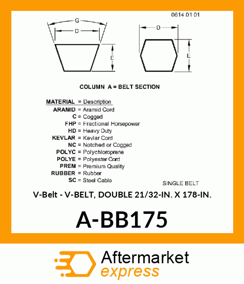 V-Belt - V-BELT, DOUBLE 21/32-IN. X 178-IN. A-BB175