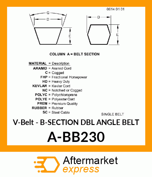 V-Belt - B-SECTION DBL ANGLE BELT A-BB230