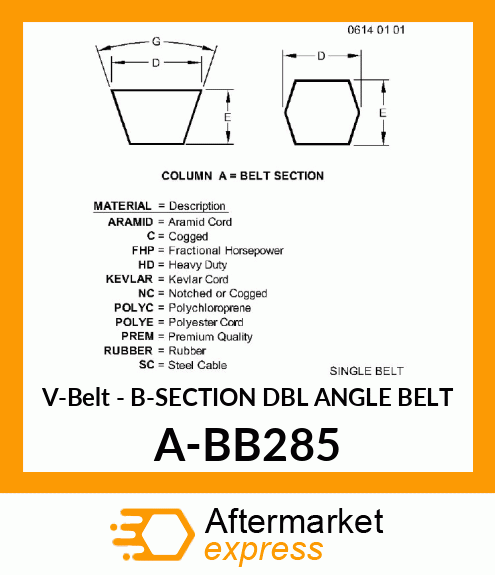 V-Belt - B-SECTION DBL ANGLE BELT A-BB285