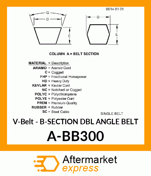 V-Belt - B-SECTION DBL ANGLE BELT A-BB300