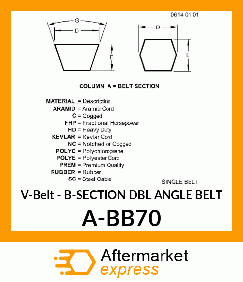 V-Belt - B-SECTION DBL ANGLE BELT A-BB70