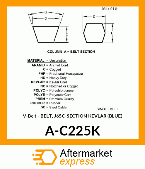 V-Belt - BELT, J65C-SECTION KEVLAR (BLUE) A-C225K