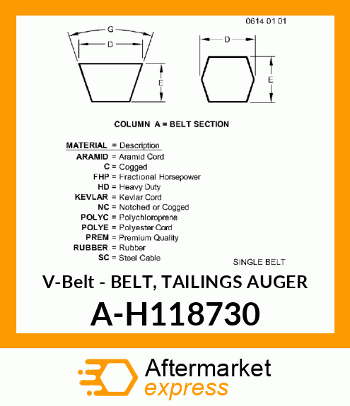 V-Belt - BELT, TAILINGS AUGER A-H118730