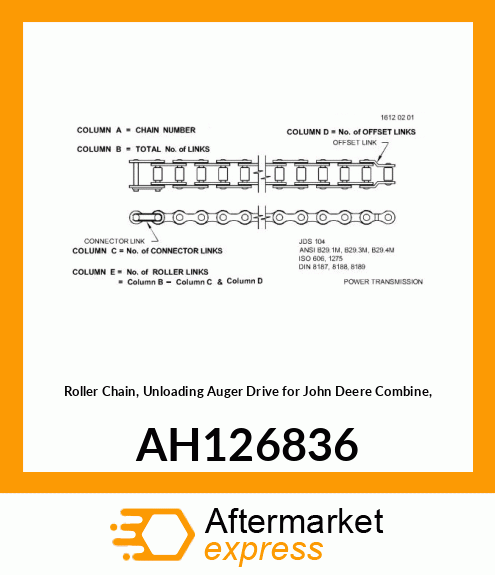 Unloading auger drive chain for 9400 and 9410 combines AH126836