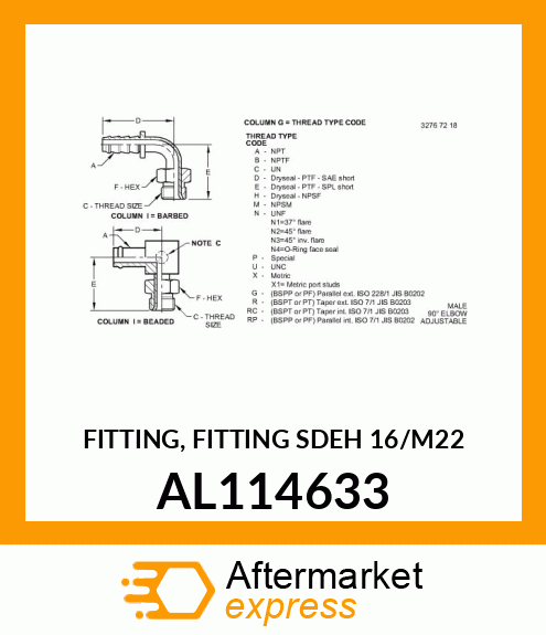 FITTING, FITTING SDEH 16/M22 AL114633